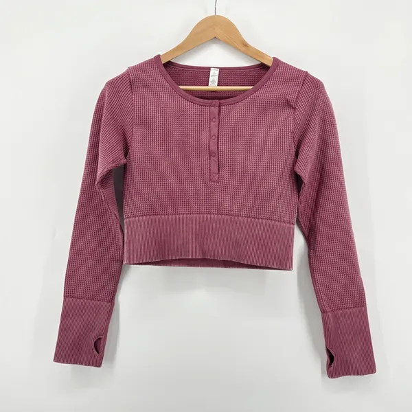 Aerie Main Squeeze Seamless‎ Waffle Crop Henley Large Long Sleeve Thumb Hole - Image 2
