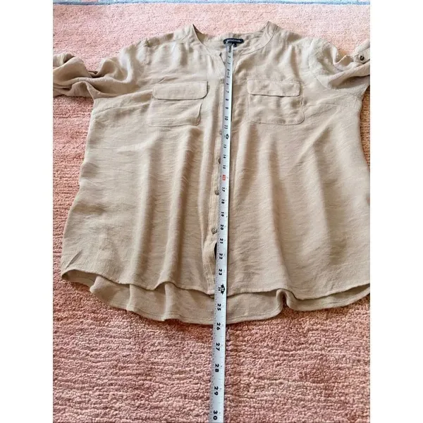 Notations Beige Button Front Utility Blouse XL Roll Tab Sleeves - Image 4