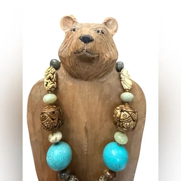 Handcrafted Turquoise and Brown Beaded Necklace beautiful hand carved beads - Image 5