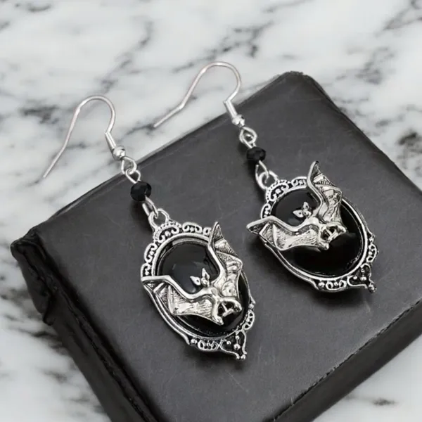 Gothic Bat Cameo Vintage Style Synthetic Black Silver-Plated Alloy Drop Earrings - Image 10