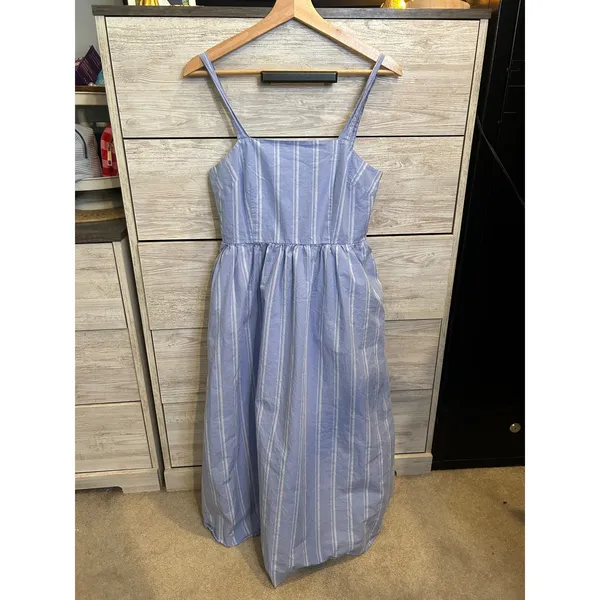 A New Day Blue White Striped Midi Dress Sleeveless Smocked Back Pockets XS - Image 2