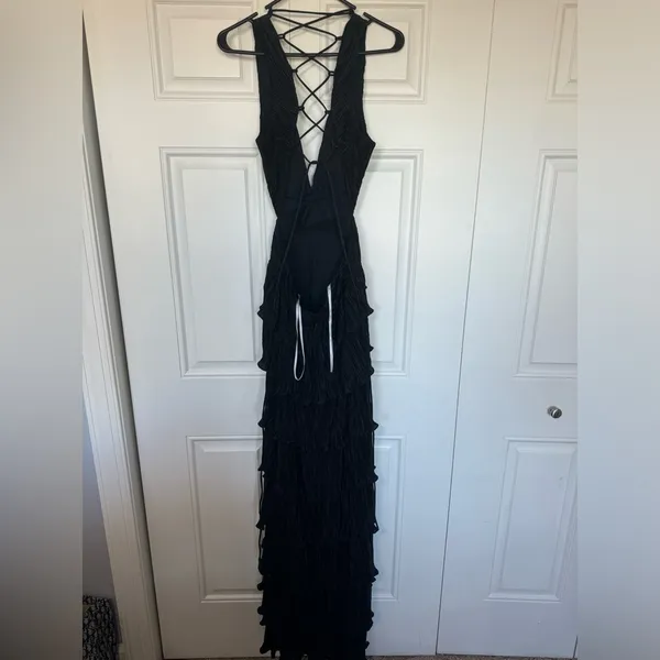 Lulus Beauty Icon Black Satin Pleated Tiered Lace-Up Maxi Dress - Image 7