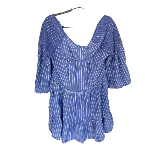 Free People Lola Boho Striped Tiered Dress Chambray Blue Embroidered Lagenlook‎ - Image 3