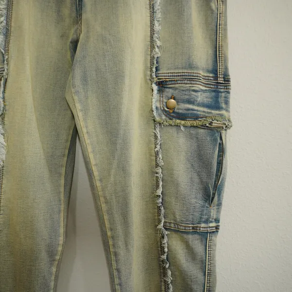 Oli‎ & Hali Yellow Wash Distressed Cargo Jeans XL Fringed Raw Edge Utility Pants - Image 4