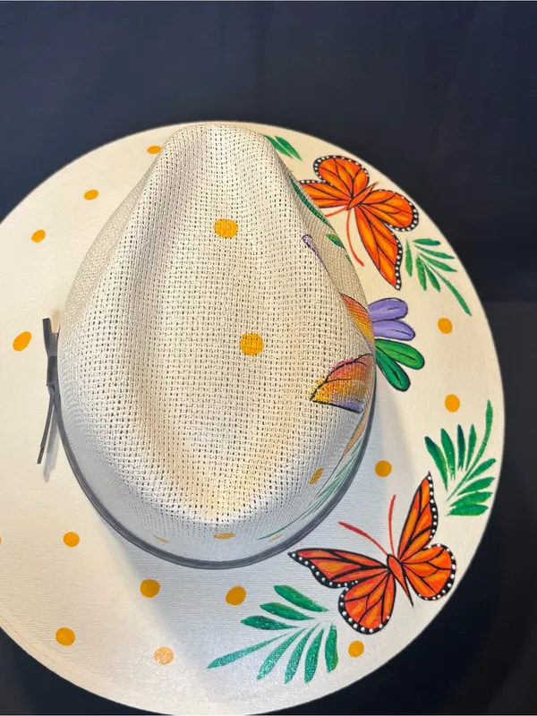 Hand-Painted Ivory Wide-Brim Hat with Orange Butterfly & Multicolor Hummingbird - Image 5