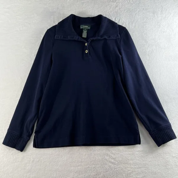 Lauren Ralph Lauren Medium M 1/4 Button Cotton Sweater Navy Blue LRL Women's - Image 3