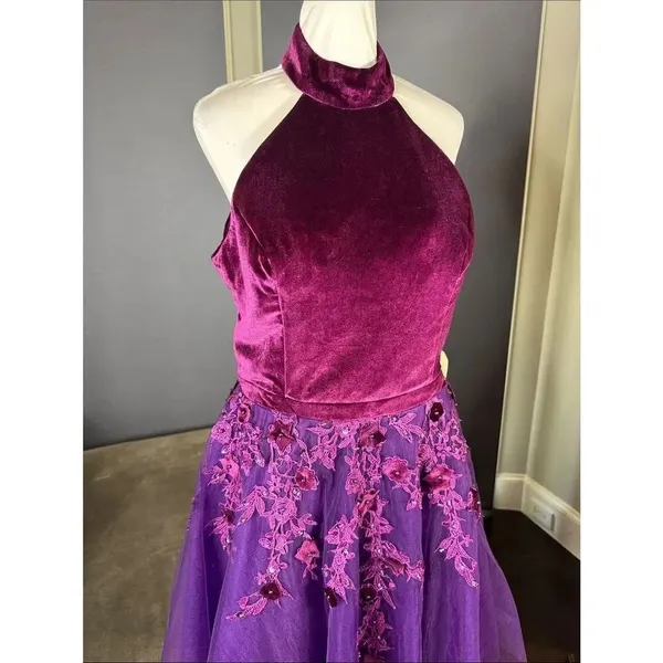 Women’s Velvet Halter Purple Party Dress Floral Tulle Skirt Size M NWT - Image 3