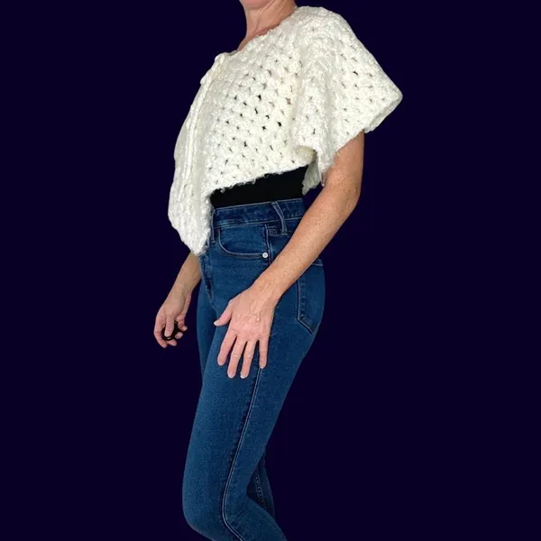 Vintage Handmade Women/Kids Cream White Crochet Poncho Shawl - Image 3
