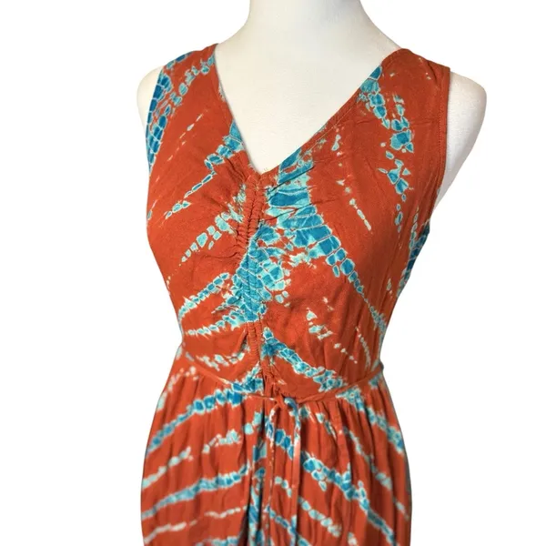 YFB Young Fabulous & Broke Sleeveless Rust‎ Orange & Blue Maxi Dress Med Tie Dye - Image 4