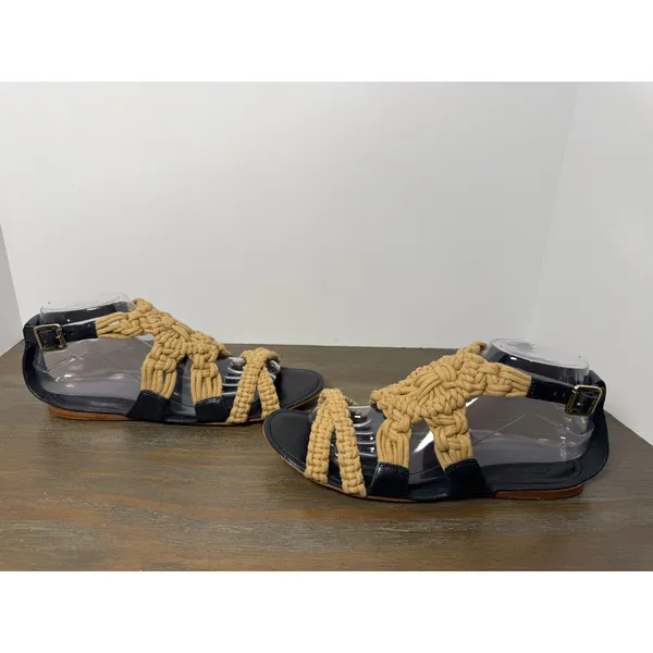 Tory Burch Women's Size 8 Macrame Woven Strappy Flat Sandals Black Tan - Image 2