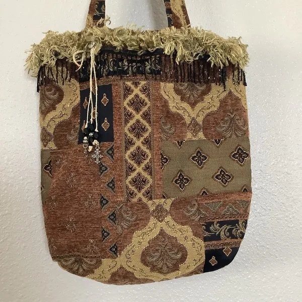 Vintage Handmade Tapestry Unique Patchwork Fringe‎ Artsy Goblincore Shoulder Bag - Image 3