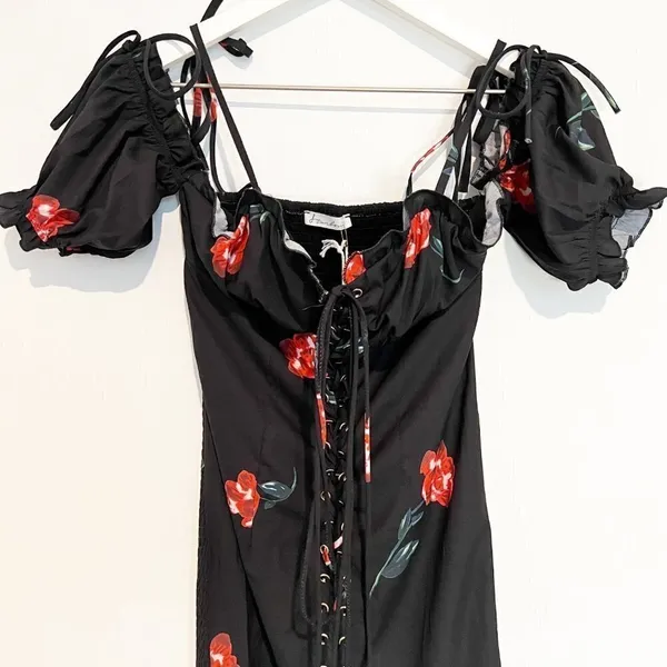 Starlow Senorita Dress Size XS Black Floral Smocked Milkmaid‎ Mini Dark Coquette - Image 4