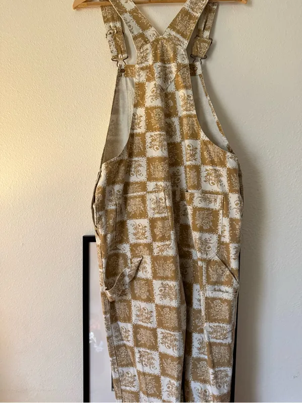 Brixton Cream and Tan Checker Cropped Overalls - Image 6