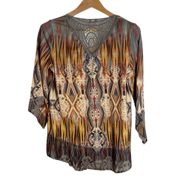 Energe World Wear Multicolor Abstract Boho Pattern Ethnic Tunic Lace Detail sz M - Image 3