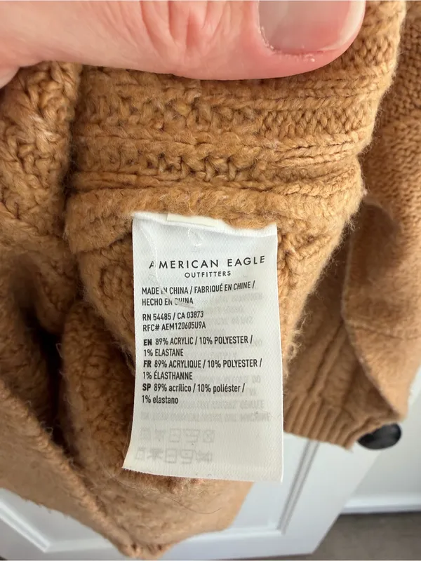 American Eagle Patchwork Cable Knit Mock Neck Sweater Camel Medium - Image 3