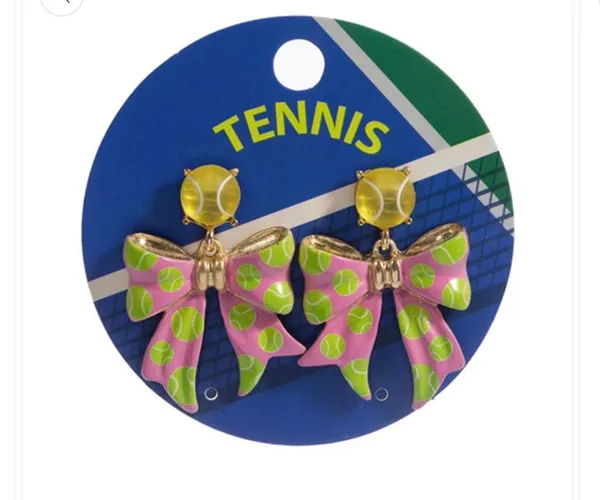 Tennis Ball Pink Bow Drop Dangle Earrings - Image 3