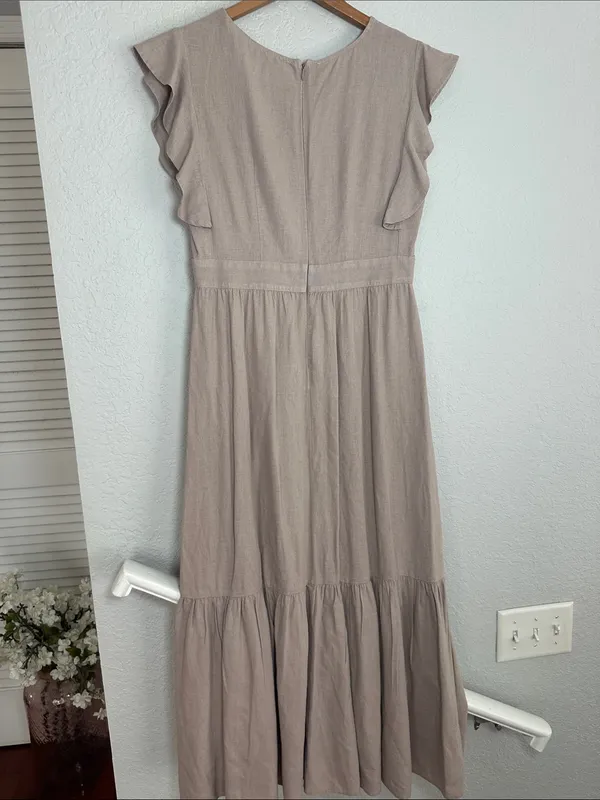 Cynthia Rowley Dusty Mauve Flutter Sleeve Maxi Dress Linen Prairie Demure Medium - Image 6