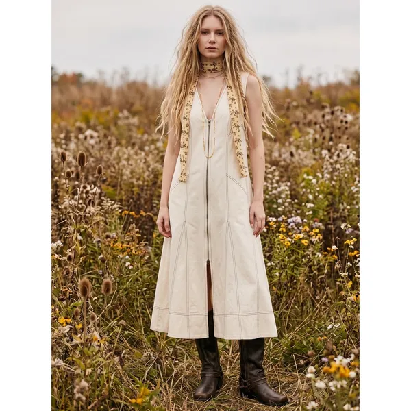 Free People Santino Denim Zip Front Midi Dress in Ecru Medium Minimalist - Image 2
