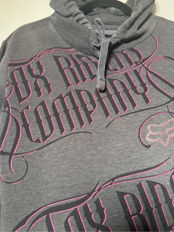 Fox Gray Hoodie with Pink & Black Graphic Womens Small Vintage Dirtbike Riding - Image 2