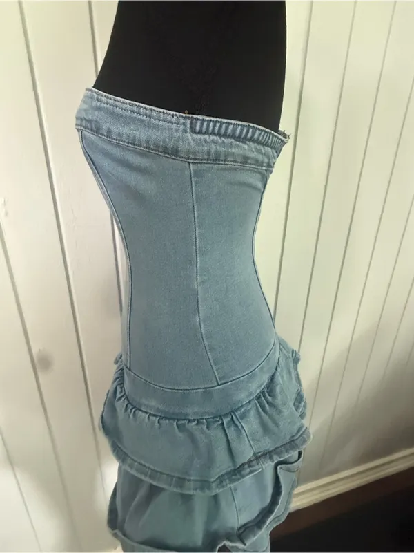 Strapless Light Blue Denim Mini Dress - Women Jeans - Image 3