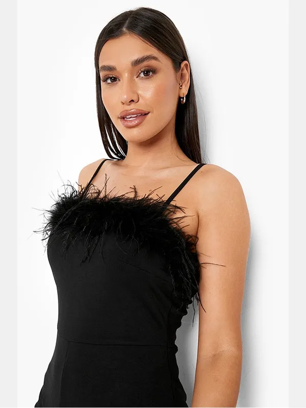 BooHoo Black Feather Strappy Wide Leg Jumpsuit - Image 4