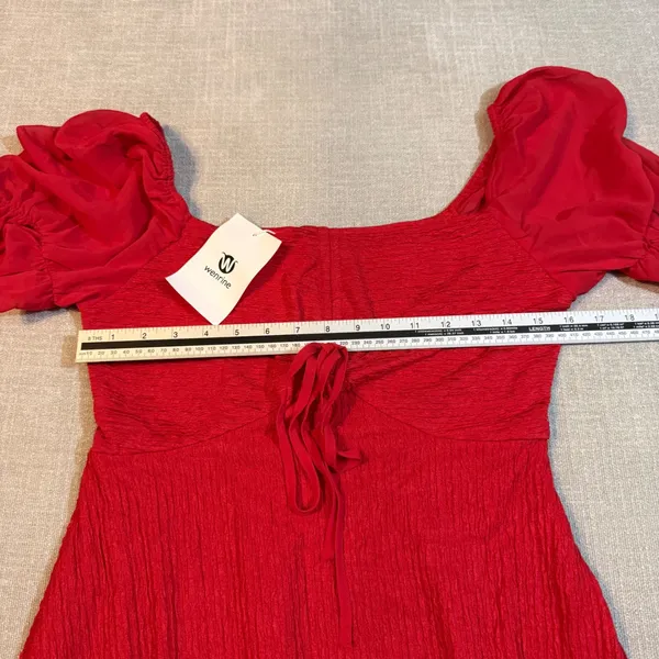 Red Puff Sleeve Mini Dress Size Large NWT Square Neck‎ Lace Up Ruched Boho - Image 5