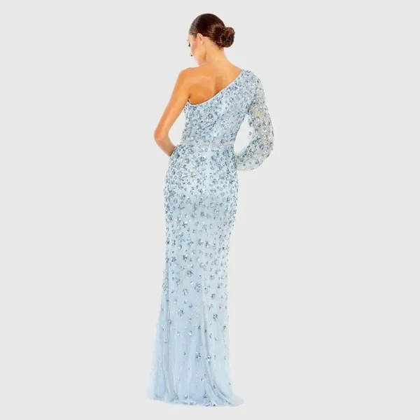 MAC DUGGAL Blue Embellished One Sleeve Faux Wrap Gown Dress 8 - Image 4