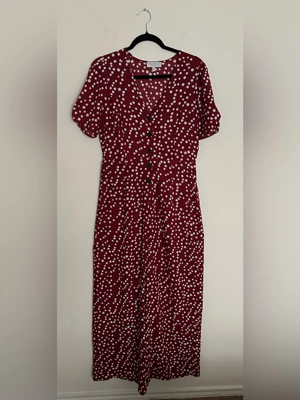Hayden Los Angeles V-Neck Burgundy Polka Dot Button-Front Jumpsuit - Image 2
