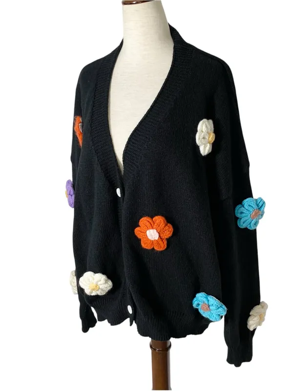 Crochet Flowers Cardigan Black Size 2X - Image 3