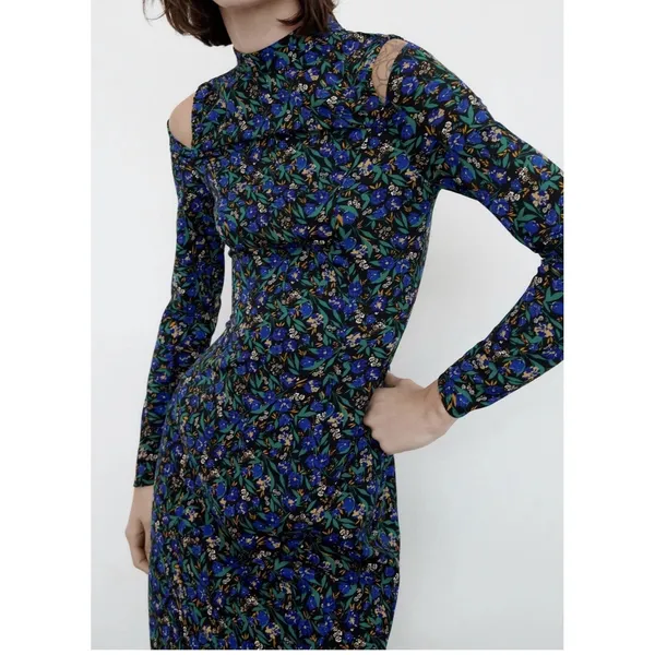Zara Womens Blue Floral Cold Shoulder Mock Neck‎ Long Sleeve Midi Dress Large - Image 3