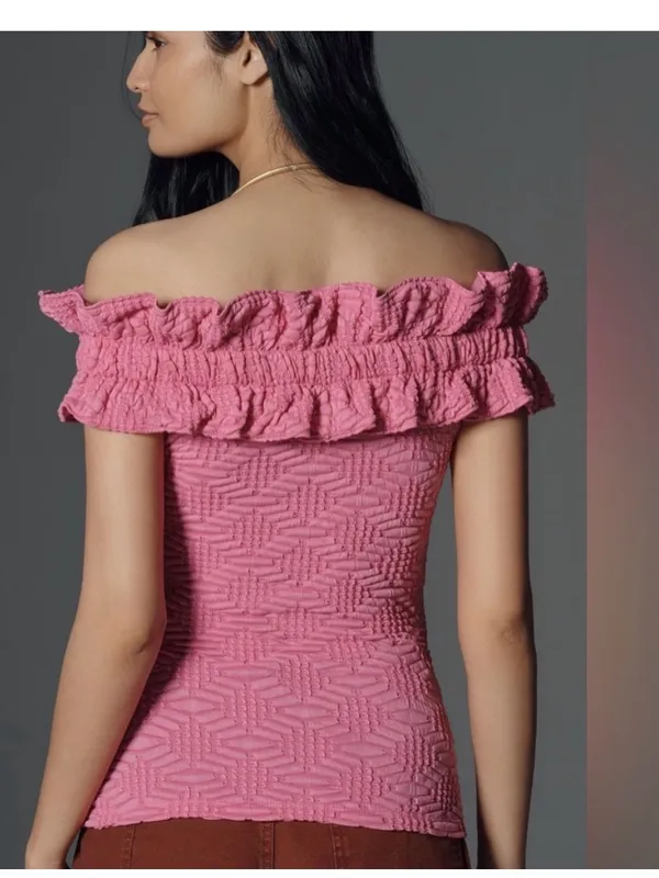 Maeve Textured One-Shoulder Ruffle Knit  in Pink - Image 2