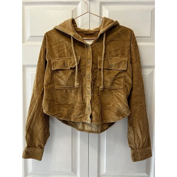 AE American Eagle Hooded Cropped Corduroy Button-Up Shirt Womens Size XS‎ - Image 3