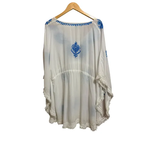 Melissa Odabash Irene Embroidered‎ Rayon Kaftan White Blue Fringe OS - Image 6
