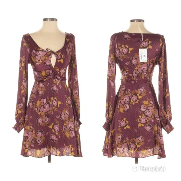 FREE PEOPLE Morning‎ Light Mini Dress Long Sleeve Floral Satin Purple Size 0 New - Image 3