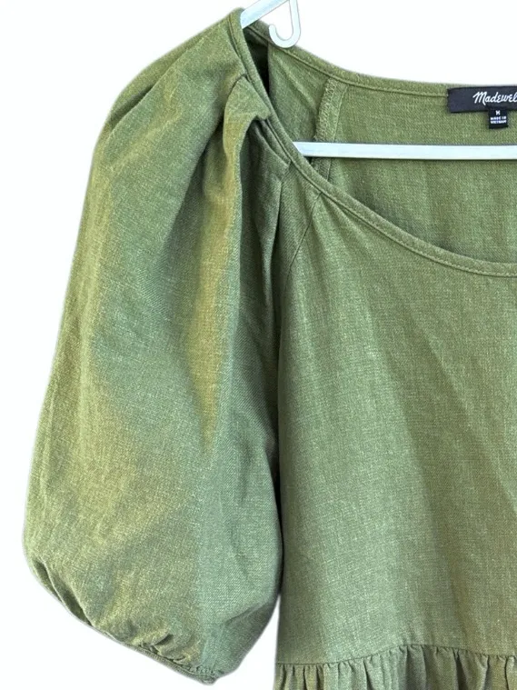 EUC Madewell Puff Sleeve Tiered Dress Green Size Mediun - Image 3