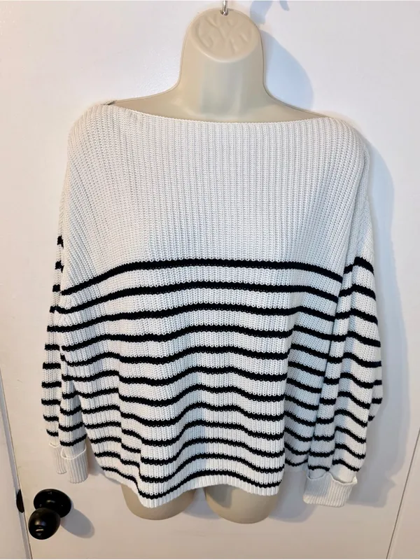 French Connection XS White Black Stripe Knit Boat Neck Sweater Cotton - Image 3