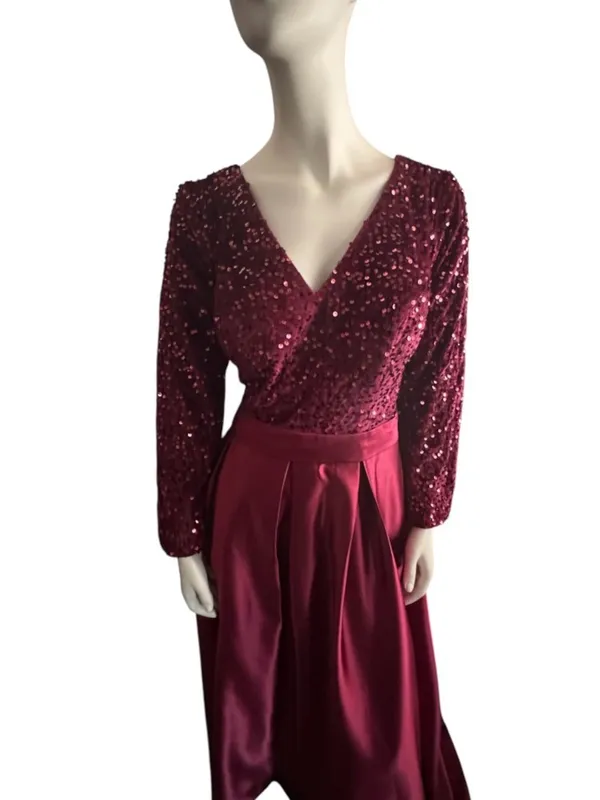 Flocked Velvet Sequin Bodice Pleated Satin Skirt Ball Gown Burgundy Size 16 NWOT - Image 2
