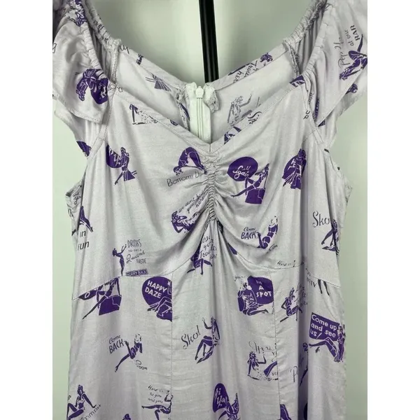 Lavender Milkmaid Pinup Novelty Cocktail Quirky‎ Print Flutter Sleeve Midi Dress - Image 5