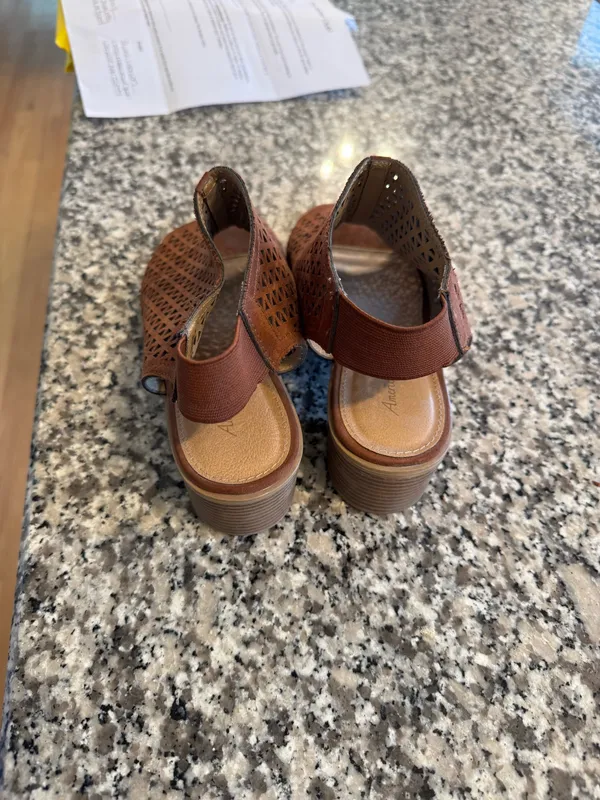 Brown Peep-Toe American Eagle Wedge Sandals, size 9 - Image 3