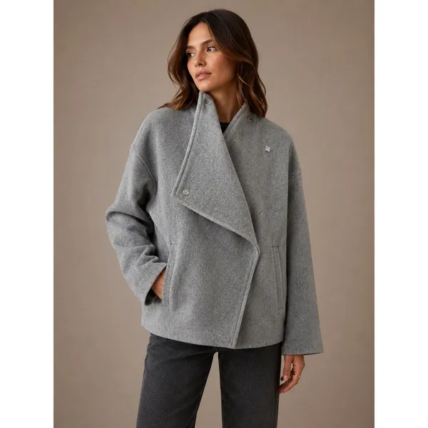 Zara Women Short Coat S Gray Asymmetric High Neck Gold Button Felted Jacket - Image 3