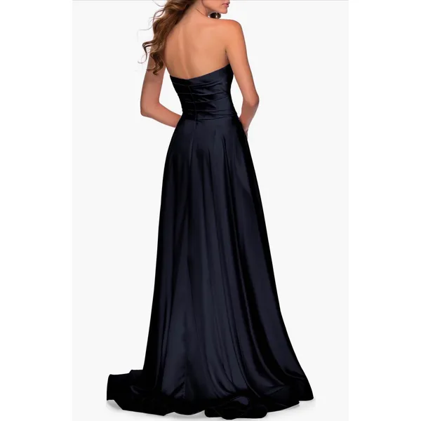 NWT La Femme 28608 Strapless Satin Gown Pleated‎ Bodice and Slit Navy Sz 6 $368 - Image 4