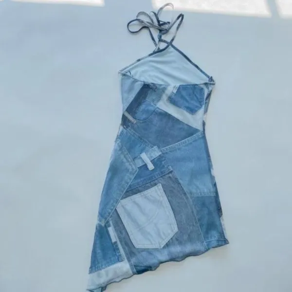 Motel Rocks Adelia Denim Print Mesh Asymmetrical Halter Mini Dress XS - Image 5