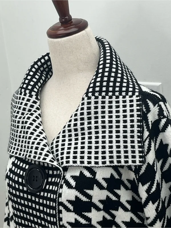 SIONI Black White Houndstooth Knit Wool Blend Cardigan Sweater Jacket Medium - Image 3