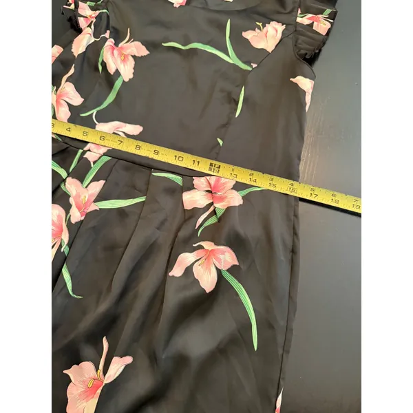 Orion London Floral‎ Mini Dress Black Pink Lily Pleated Ruffle Sleeve Size M/L - Image 3