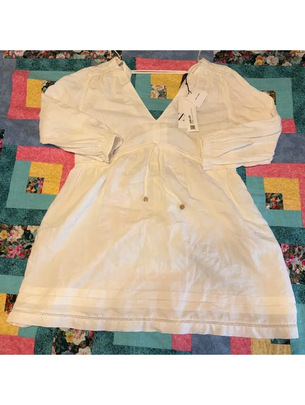Zara NWT $59 Bright White 52% Linen Blend Womans M Vneck Tunic Mini Dress Size M - Image 3