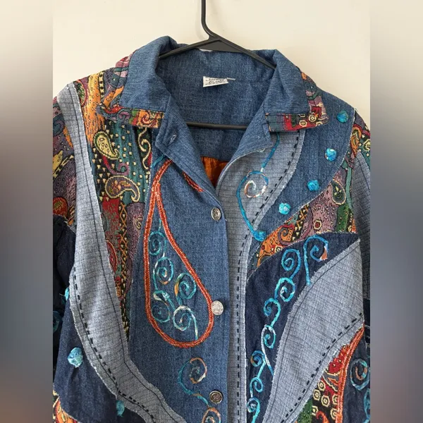 Vtg Parsley & Sage Botanical Floral Embroidered Button Up Denim Jacket Patchwork - Image 3