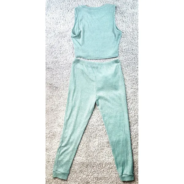Sage Green Ribbed Knit 2 Piece Set Crop Top and Tie Waist Joggers XL - Image 7