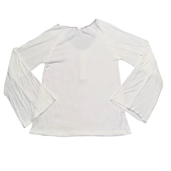 POL Henley Top Womens Medium White Excellent Lace‎ Trim Bell Sleeve UKT71 Cotton - Image 5