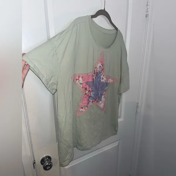 Layered Fabric Star Patchwork MintGreen Oversized T Shirt Y2K Indie Americana XL - Image 9