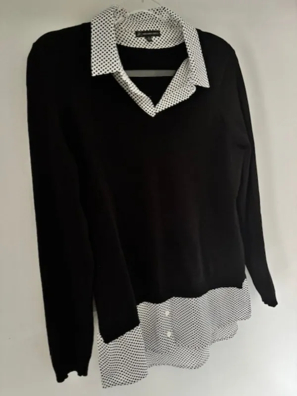 Adrianna Papell Women’s M Black Layered Look Polka Dot Collared Sweater Top - Image 2